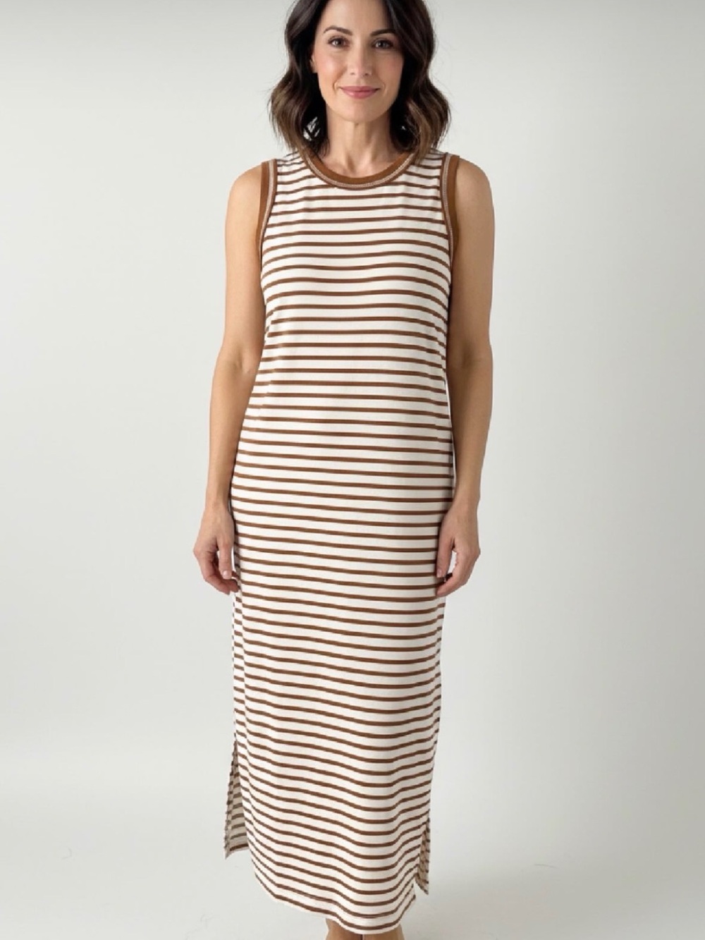 Blu Pepper Brown and Cream Striped Sleeveless Midi Dress